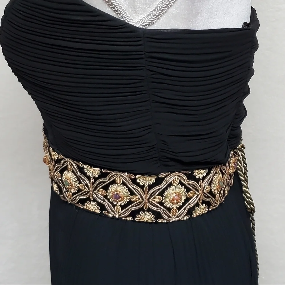 Vintage 80s Silk Gold Silver Metal Filigree Embroidered Tassle Tie-Waist Belt